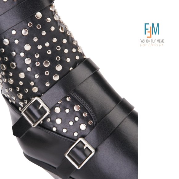 Studs and Buckles Mid-Calf Chunky Heel Boot (Women's 41) - Picture 4 of 5